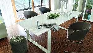 mesa de comedor moderna / de vidrio lacado / de acero con revestimiento en polvo / de acero inoxidable
