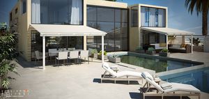 pérgola adosada / de aluminio / con láminas móviles / con láminas parasol