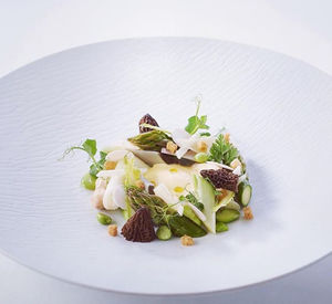 plato redondo / de porcelana de Limoges / para restaurante gastronómico / con motivos