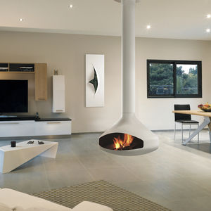 chimenea de leña / moderna / hogar abierto / central