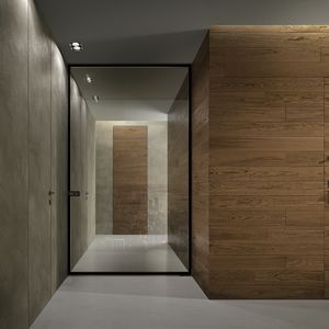 puerta abatible / de cristal / de metal / para edificio público