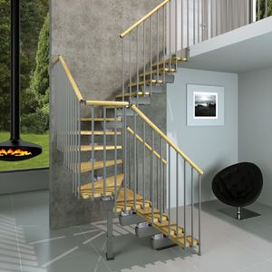 escalera en L / en U / con peldaños de madera / estructura de metal