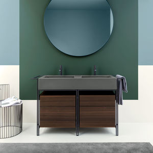 mueble de lavabo doble / de pie / de madera / de cerámica