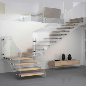 escalera en L / en U / estructura de vidrio / con peldaños de madera