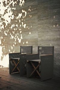 silla de comedor moderna / de tela / de teca / de acero inoxidable