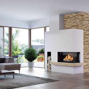 chimenea de leña / moderna / hogar cerrado / de esquina