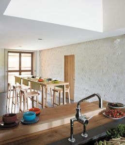 mesa alta moderna / de roble natural / rectangular / para hotel