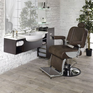 sillón de barbero de cuero artificial / de metal cromado / con base central / con reposacabezas