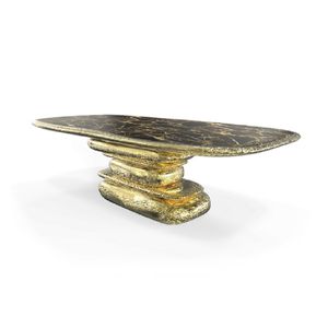 mesa de comedor de diseño original / de latón pulido / de mármol / ovalada