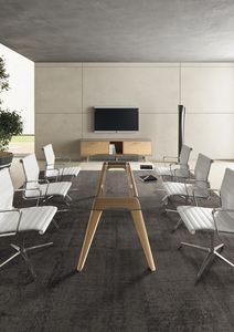 mesa de reuniones moderna / de vidrio / de chapa de madera / redonda
