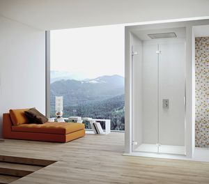 cabina de ducha de vidrio / de esquina / con puerta abatible