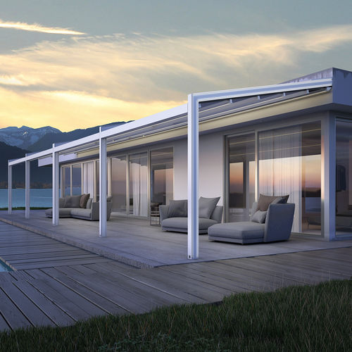 pérgola adosada / de aluminio / cobertura corredera de tela / bioclimática