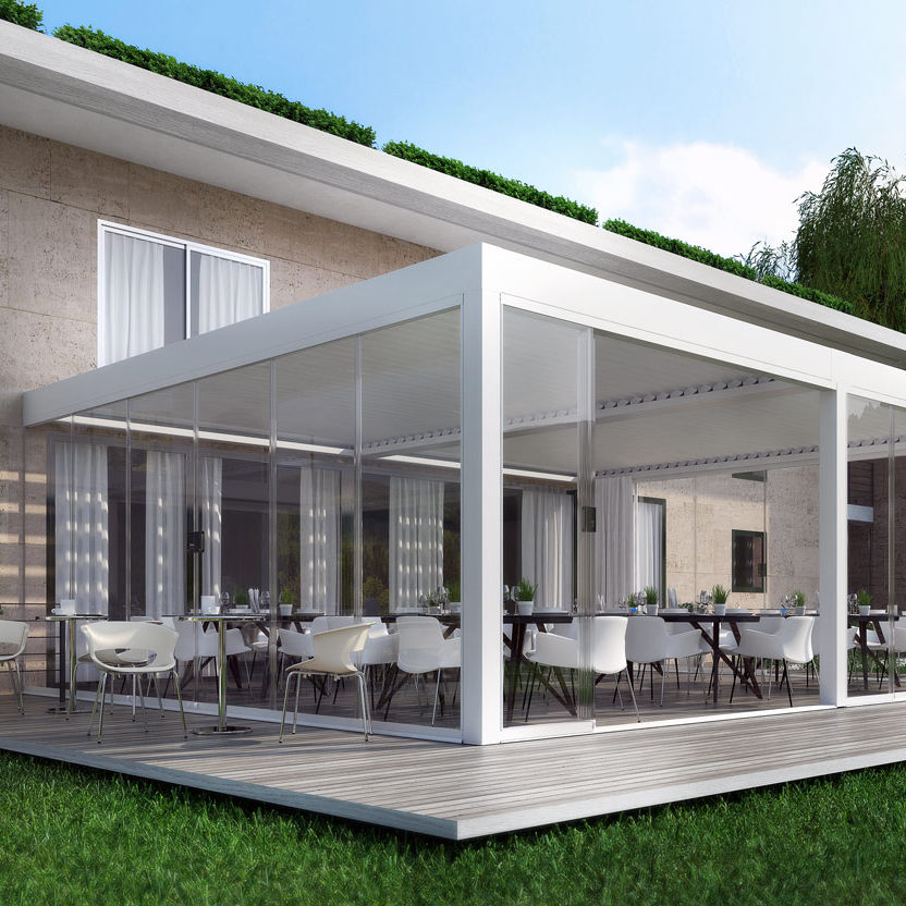 Pérgola adosada - BIOSHADE - DIRELLO S.R.L - de aluminio / con láminas