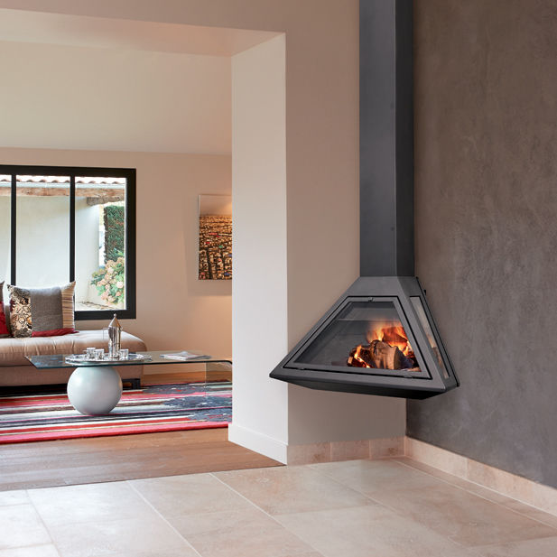 Chimenea de leña - IBIZA - Vyrosa - contemporánea / de esquina / suspendida