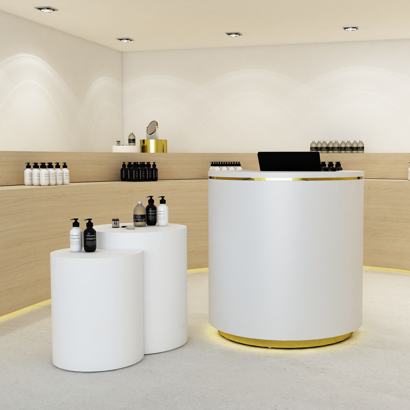 Mostrador para tiendas modular - ZAHA - INRETAIL - redondo / de madera