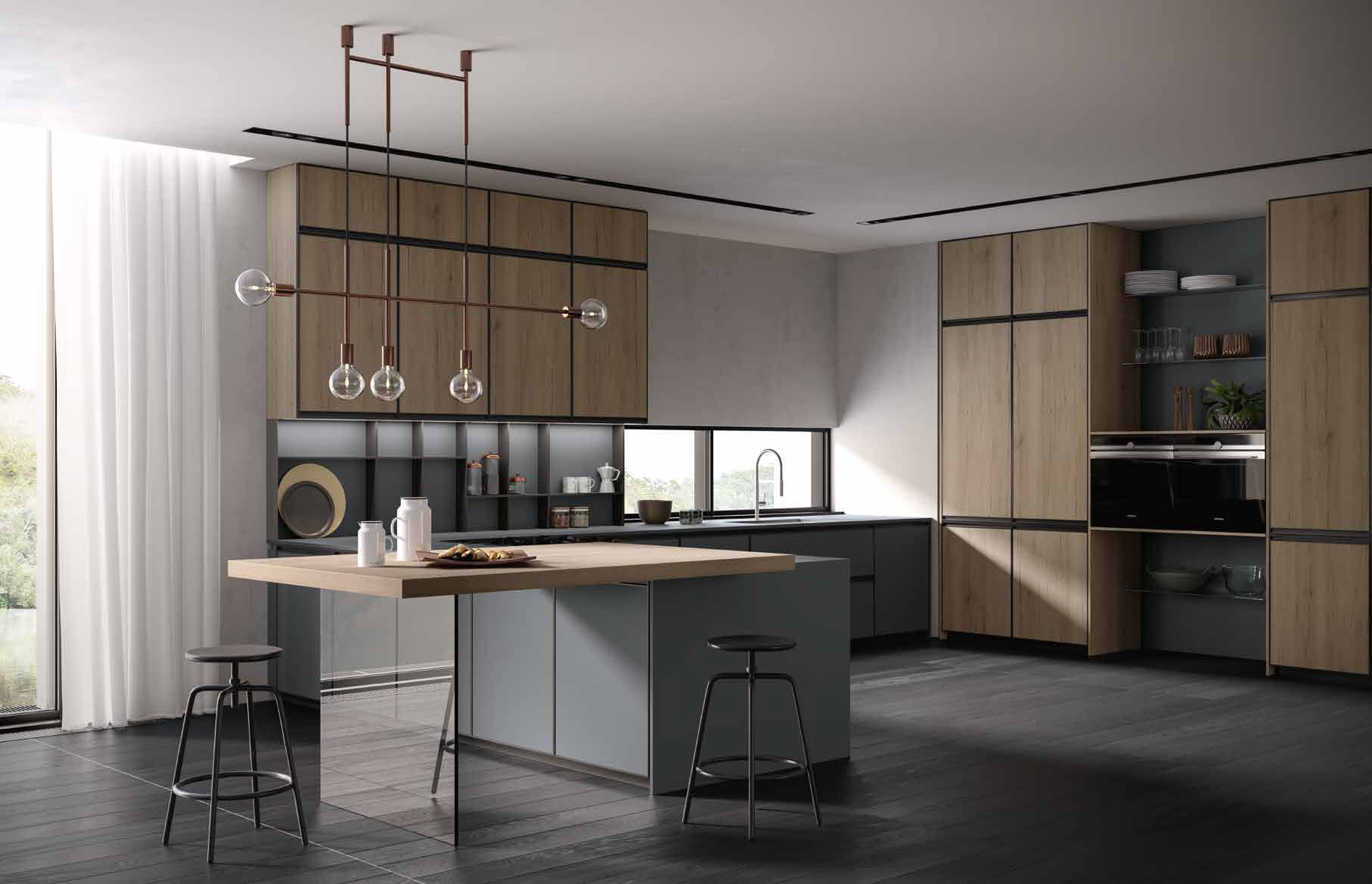 Cocina contemporánea / de chapa de madera / de vidrio ahumado / de