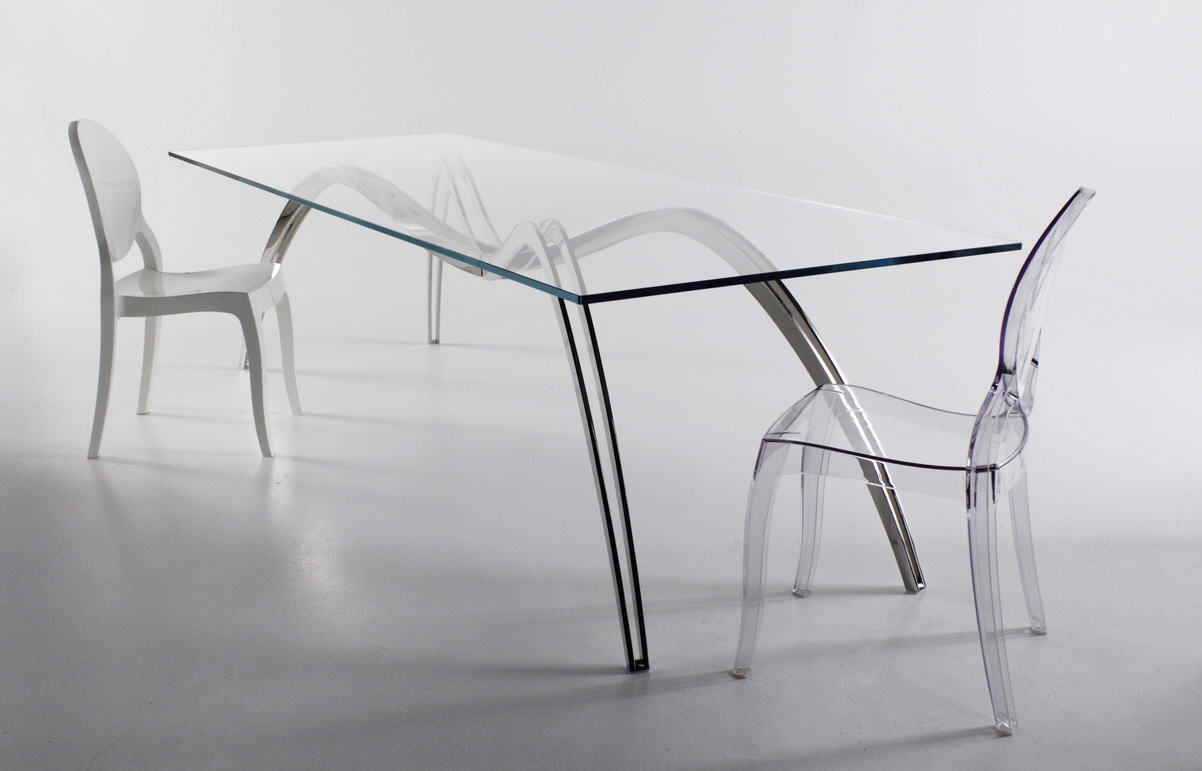 Mesa de comedor de diseño original / de vidrio / de acero inoxidable