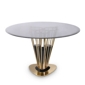 mesa de comedor moderna / de nogal / de vidrio ahumado / de latón pulido