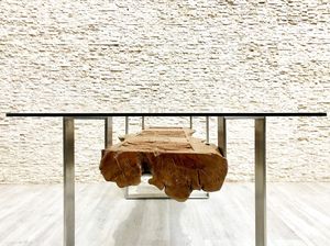 mesa de comedor de diseño original / de madera exótica / de cristal / de acero inoxidable