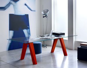mesa contemporánea / de vidrio / de mármol / con base de madera lacada