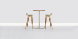 mesa alta contemporánea / de acero / de madera maciza / redonda