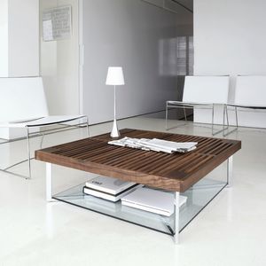 mesa de centro contemporánea / de nogal / de vidrio templado / de acero cromado
