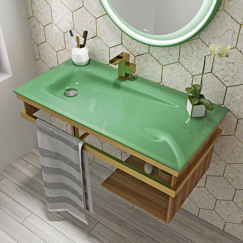 Lavabo suspendido - BISELARTE - de vidrio / con encimera / con toallero integrado