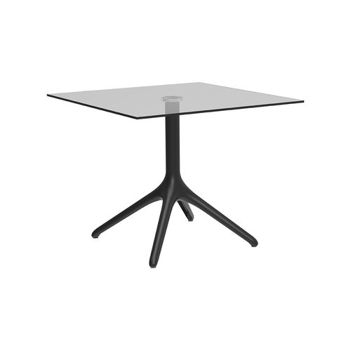 Mesa contemporánea - Uni Glass XL 73 - MOWEE - de vidrio / con base de aluminio lacado / redonda