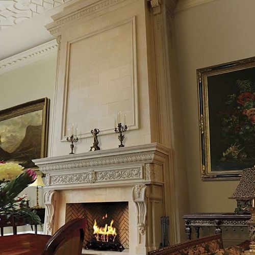 Trumeau para chimenea contemporáneo - RENAISSANCE – LARGE OVERMANTEL - Tartaruga Design Inc - de piedra / blanco