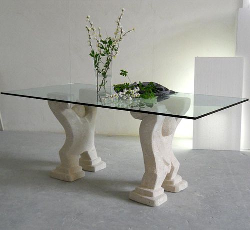 Mesa de comedor contemporánea - OMINI - stonebreakers - de cristal / con base de piedra / rectangular