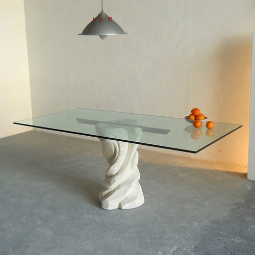 Mesa de comedor contemporánea - Mezzaluna - stonebreakers - de cristal / con base de piedra / rectangular