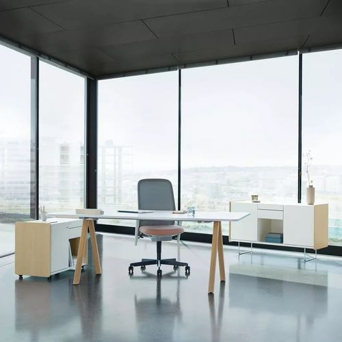 Mesa de trabajo contemporánea - DELTA BY BENE - Bene GmbH - de roble / con base de acero / rectangular