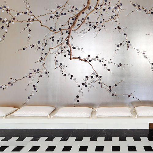 Papel pintado clásico - PLUM BLOSSOM - DE GOURNAY - con motivos florales / aspecto tela / gris
