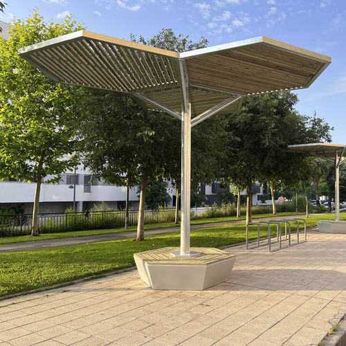 Pérgola autoportante - PERHEXA - URBADIS Microarquitectura - de acero galvanizado / de hormigón / cobertura de lona