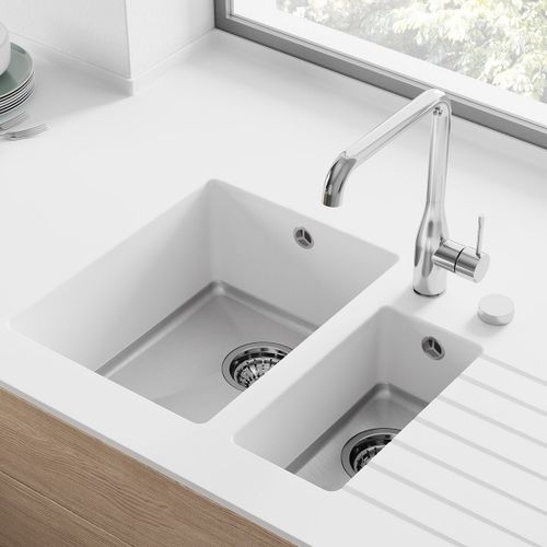 Fregadero de 2 cubetas - FSP-12 - Hasenkopf - con escurridor / de Corian® / monobloque