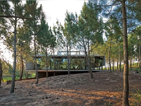 la tapa de los bastidores de caja de la escalera dos ventanas grandes que enmarcan el paisaje circundante