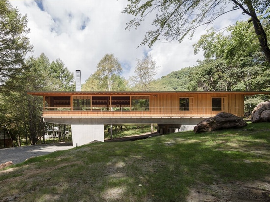 la vivienda alargada de la madera se eleva sobre el piso del bosque