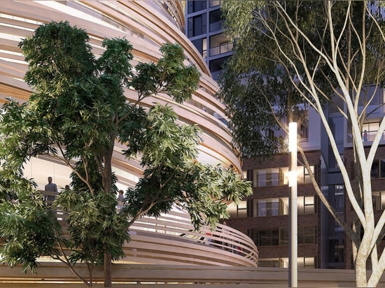 Kengo Kuma revela los planes para la biblioteca madera-revestida que tuerce en espiral en Sydney