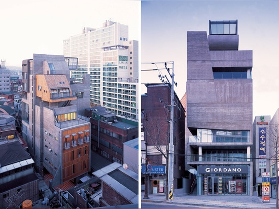 los acercamientos del edificio dos caminos separados con los façades visualmente distintos y los programas dispares