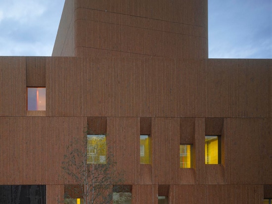 La albañilería vertical y las hendiduras profundas de la ventana dan un aspecto en negrilla a este nuevo edificio cultural del centro