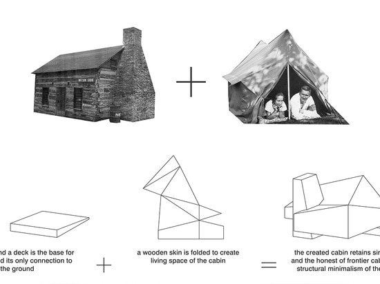 Cabina + tienda: un nuevo concepto de una tienda de madera definida por la chimenea y la piel dinámica que define un espacio vivo de la cabina