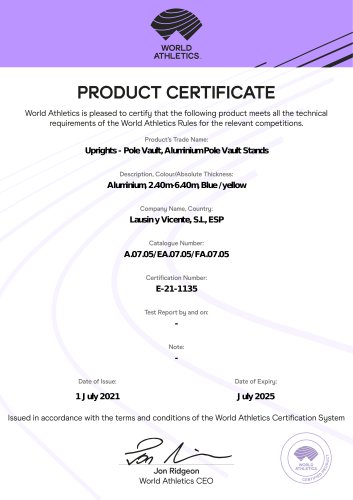 A.07.05 Pole vault jump standard WA Certificate