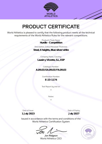 A.09.03 Steel athletics hurdle WA Certificate
