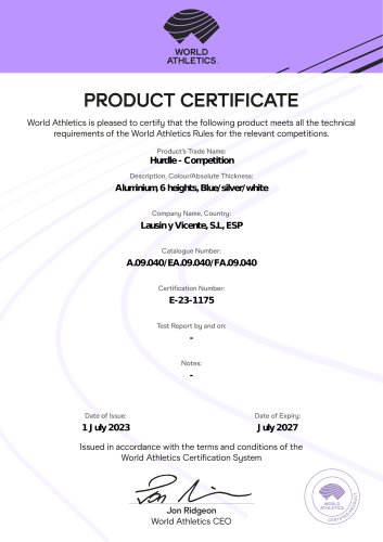 A.09.04 Aluminium athletics hurdle WA Certificate