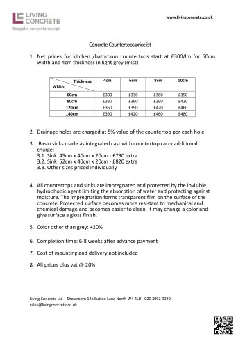 Concrete Countertops pricelist