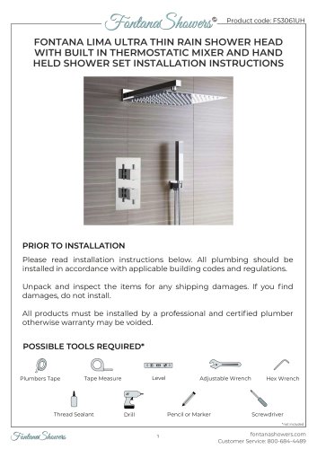 FONTANA LIMA ULTRA THIN RAIN SHOWER HEAD WITH BUILT IN THERMOSTATIC MIXER AND HAND HELD SHOWER SET INSTALLATION INSTRUCTIONS