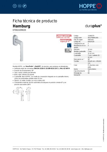 Ficha técnica de producto Hamburg 0700/UD9020