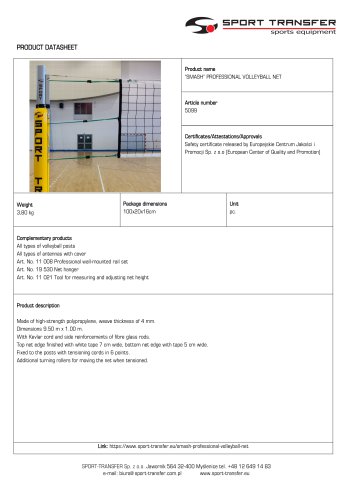 PRODUCT DATASHEETS “SMASH” PROFESSIONAL VOLLEYBALL NET 5099