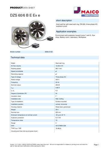 Axial wall fan DZS 60/6 B E Ex e