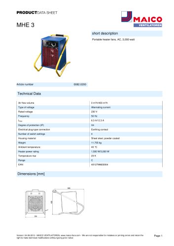 Product data sheet Heater fan MHE 3